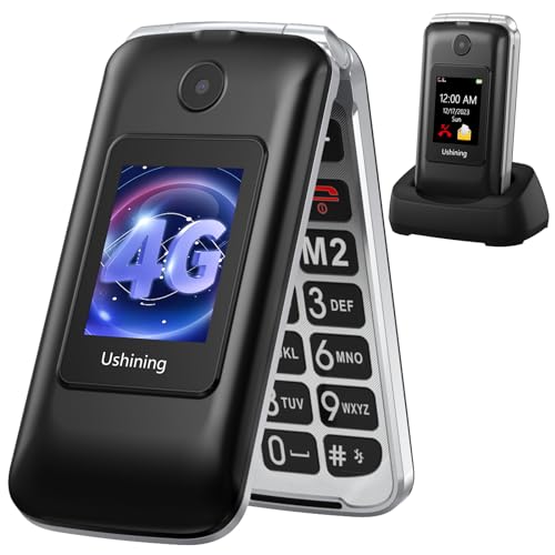 USHINING 4G Seniorenhandy ohne Vertrag, Klapphandy Großtasten Handy für Senioren mit 2,8 und 1,77 Zoll Dual Farbdisplay SOS-Funktion Ladestation Dual-SIM Kurzwahl Wecker 1200 mAh Akku, Schwarz von USHINING