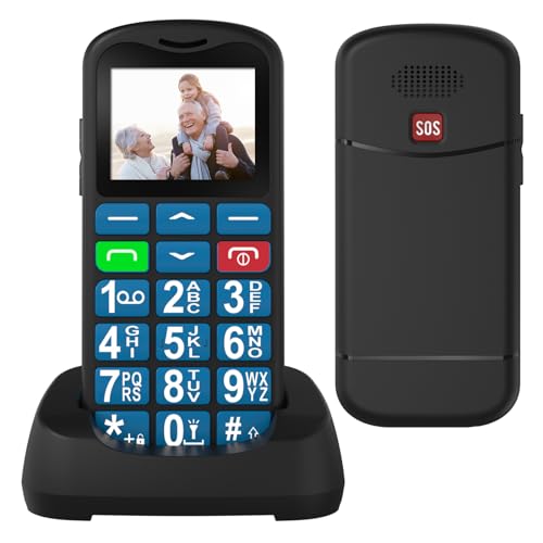 USHINING GSM Seniorenhandy ohne Vertrag, Großtasten Handy für Senioren mit 1,77 Zoll Farbdisplay Dual SIM SOS Notruftaste Ladestation Taschenlampe Kurzwahl Wecker 800 mAh Akku, Blau von USHINING