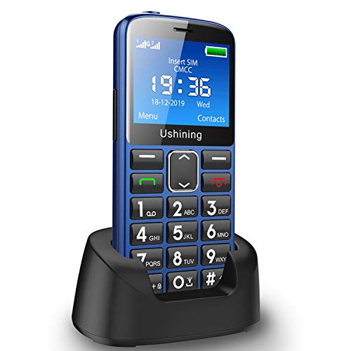 Ushining Big Button Handy für ältere Menschen, entsperrtes Senioren-Handy mit SOS-Notfall-Taste, sprechende Zahlen, Bluetooth, Taschenlampe und Ladestation (blau) von USHINING