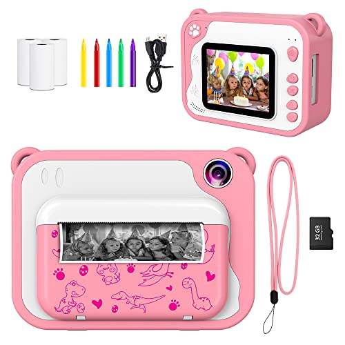 Ushining DigitalKamera Sofortbildkamera Kinder 2,4 Zoll Bildschirm 1080P Videokamera Kinderkamera Schwarzweiß Fotokamera 32GB SD Karte 3 Rollen Druckpapier 5 Farbstift Geschenk für 3-12 Jahre Kinder von USHINING