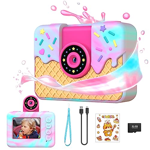 Ushining Kinderkamera, 10X Zoom Selfie Kamera 1080P Digitalkamera Kinder Videokamera Fotoapparat Kinder mit 2,0 Zoll Bildschirm 32GB TF-Karte, Geschenk für 3-12 Jahre Mädchen Jungen, Eiscreme von USHINING