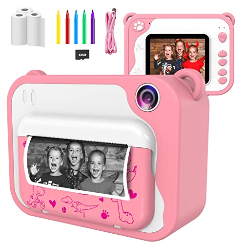 Ushining Kinderkamera, DigitalKamera für Kinder, 1080P HD Videokamera mit 2,4 Zoll IPS Bildschirm, Sofortbildkamera mit 32 GB Micro SD-Karte und 3 Rollen Druckpapier, Geschenk für Kinder (Rosa) von USHINING