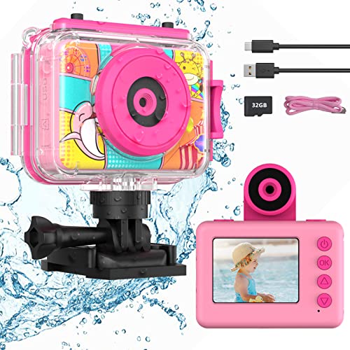 Ushining Kinderkamera Wasserdichte Kamera für Kinder, 1080P Digitalkamera Videokamera Selfie Kamera Unterwasser Kamera für Kinder mit 2,0 Zoll Bildschirm 32GB SD-Karte, Geschenke für Jungen Mädchen von USHINING