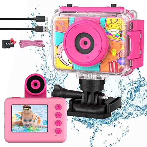 Ushining Kinderkamera wasserdichte Kamera für Kinder, 1080P Digitalkamera Videokamera Selfie Kamera Unterwasser Kamera für Kinder mit 2,0 Zoll Bildschirm, Geschenk für 3-12 Jahre Mädchen Jungen, Rosa von USHINING