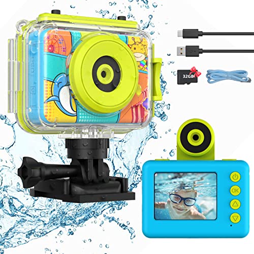 Ushining Kinderkamera wasserdichte Kamera für Kinder, 12 MP HD 1080P Digitalkamera Videokamera Selfie Kamera Unterwasser Kamera für Kinder mit 2,0 Zoll Bildschirm 32GB SD-Karte, Blau von USHINING