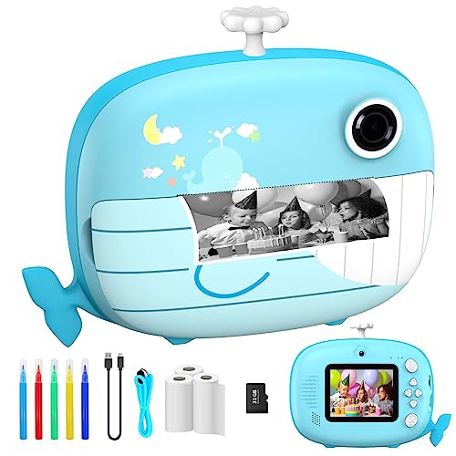 Ushining Sofortbildkamera Kinder, Kinder Kamera 10X Zoom Digitalkamera Kinder 2,4 Zoll Bildschirm 1080P Videokamera Selfie Kamera Kinder mit 32GB TF Karte 3 Rollen Druckpapier 5 Farbstift, Blau von USHINING