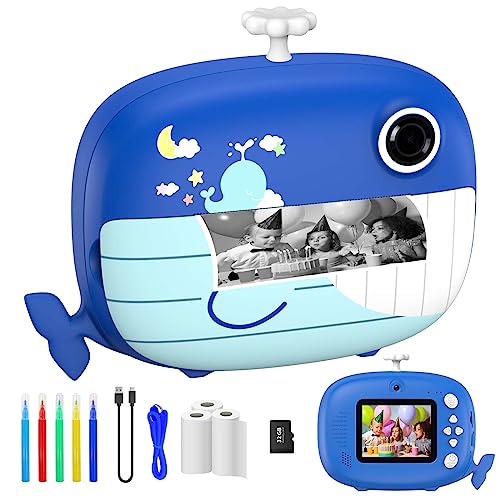 Ushining Sofortbildkamera Kinder, Kinder Kamera 10X Zoom Digitalkamera Kinder 2,4 Zoll Bildschirm 1080P Videokamera Selfie Kamera Kinder mit 32GB TF Karte 3 Rollen Druckpapier 5 Farbstift, Blauwal von USHINING