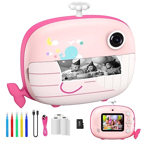 Ushining Sofortbildkamera Kinder, Kinderkamera 10X Zoom Digitalkamera Kinder 2,4 Zoll Bildschirm 1080P Videokamera Selfie Wal Kamera Kinder mit 32GB TF Karte 3 Rollen Druckpapier 5 Farbstift, Rosa von USHINING