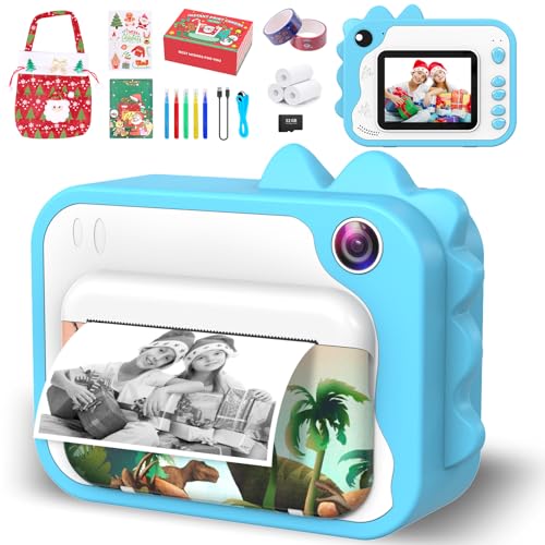 Ushining Sofortbildkamera für Kinder, Kinderkamera 10X Zoom 2,4 Zoll Bildschirm 1080P Digitalkamera Videokamera Kinder mit 32GB TF Karte 3 Rollen Druckpapier 5 Farbstift, Geschenk-Version (Blau) von USHINING