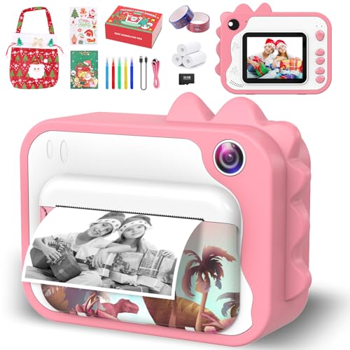 Ushining Sofortbildkamera für Kinder, Kinderkamera 10X Zoom 2,4 Zoll Bildschirm 1080P Digitalkamera Videokamera Kinder mit 32GB TF Karte 3 Rollen Druckpapier 5 Farbstift, Geschenk-Version (Rosa) von USHINING