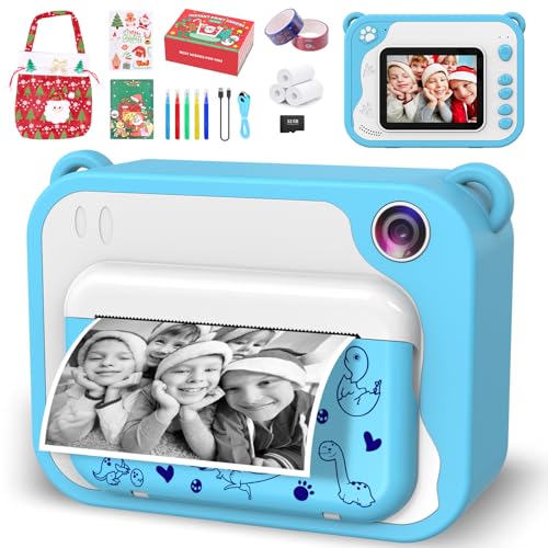 Ushining Sofortbildkamera für Kinder, Kinderkamera 10X Zoom Digitalkamera Kinder 2,4 Zoll Bildschirm 1080P Videokamera mit 32GB TF Karte 3 Rollen Druckpapier 5 Farbstift, Geschenk-Version (Blau) von USHINING