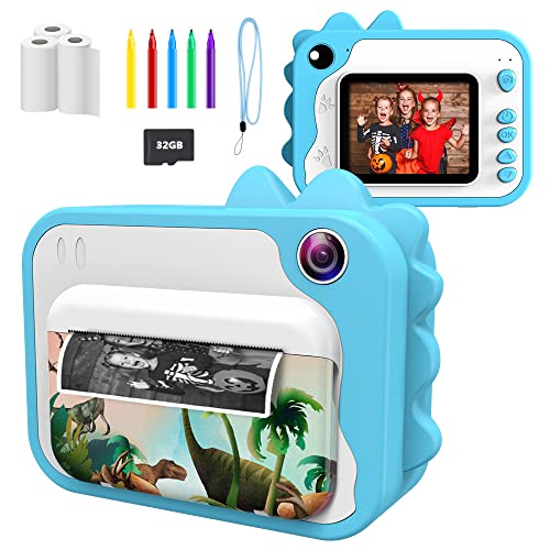 Ushining Sofortbildkamera für Kinder, Kinderkamera DigitalKamera für Kinder, 1080P HD Videokamera mit 2,4 Zoll IPS Bildschirm 32 GB Micro SD-Karte und 3 Rollen Druckpapier, Geschenk für Kinder (Blau) von USHINING