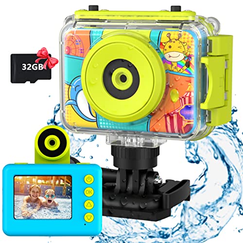 Ushining wasserdichte Kamera für Kinder, 1080P Digitalkamera Videokamera Selfie Kamera Unterwasser Kamera für Kinder mit 2,0 Zoll Bildschirm 32GB SD-Karte, Geschenke für Jungen Mädchen, Blau von USHINING