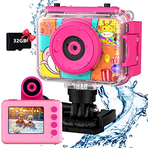 Ushining wasserdichte Kamera für Kinder, 1080P Digitalkamera Videokamera Selfie Kamera Unterwasser Kamera für Kinder mit 2,0 Zoll Bildschirm 32GB SD-Karte, Geschenke für Jungen Mädchen, Rosa von USHINING