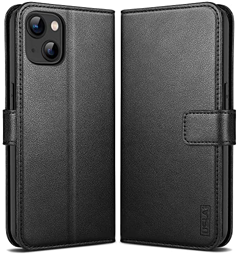 USLAI Handyhülle für iPhone 13 Mini Hülle Premium Leder Klappbar Klapphülle [RFID Blocker] [Standfunktion] [Kartenfächern] Schutzhülle für iPhone 13 Mini Tasche (5,4 Zoll) - Schwarz von USLAI