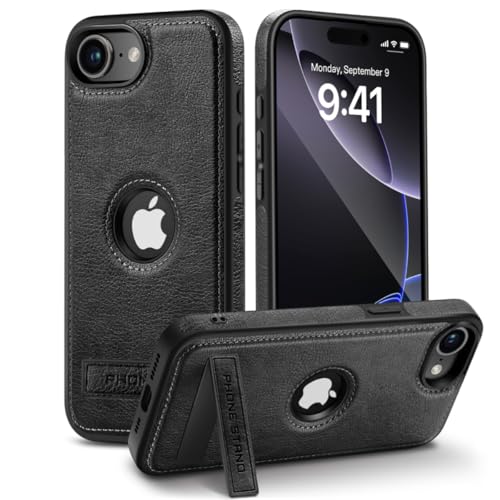 USLOGAN Design für iPhone 16E Lederhülle, eingebauter faltbarer Ständer aus Legierung, Logo, sichtbarer, schlanker Ständer, Schutzhülle 2025 6,1 Zoll (15,4 cm) (schwarz) von USLOGAN