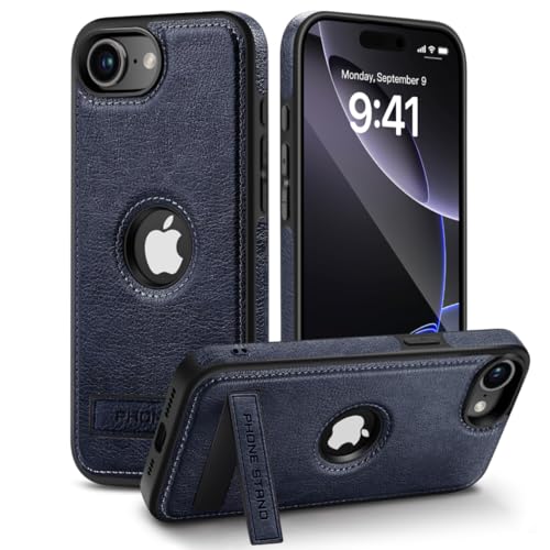 USLOGAN Design für iPhone 16E Lederhülle, integrierter, faltbarer Ständer aus Legierung, Logo, sichtbarer, schlanker Ständer, Schutzhülle 2025, 15,5 cm (6,1 Zoll) (blau) von USLOGAN