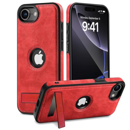 USLOGAN Design für iPhone 16E Lederhülle, integrierter, faltbarer Ständer aus Legierung, Logo, sichtbarer, schlanker Ständer, Schutzhülle 2025, 6,1 Zoll (15,4 cm) (Rot) von USLOGAN