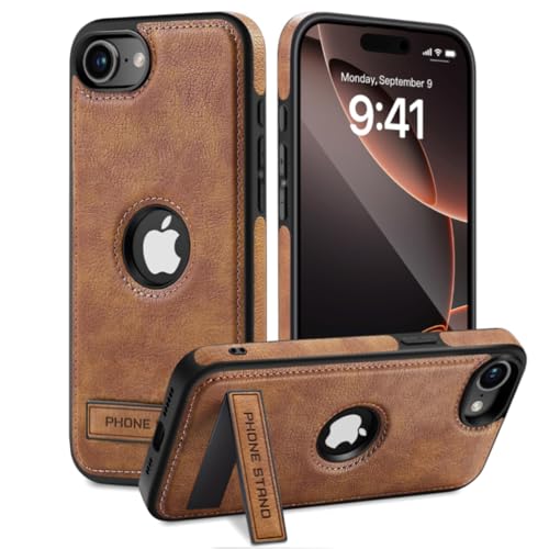USLOGAN Design für iPhone 16E Lederhülle, integrierter, faltbarer Ständer aus Legierung, Logo, sichtbarer, schlanker Ständer, Schutzhülle 2025 6,1 Zoll (15,4 cm) (Braun) von USLOGAN