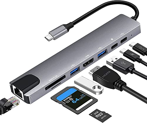USB C Hub mit Ethernet Adapter, 8 in 1 USB C Multiport Splitter mit 100W PD, 4K HDMI, USB 3.0, Typ C Port, SD/TF Kartenleser Slim USB C Adapter für iPhone 15, MacBook, iPad, Samsung, Oberfläche von USX MOUNT