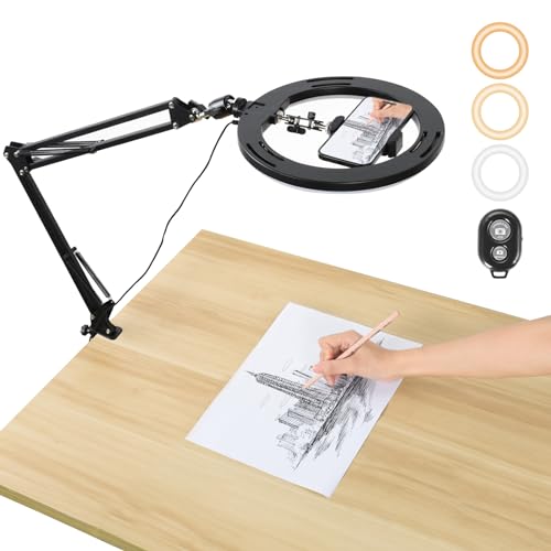 UTEBIT 10" Overhead Ringlicht mit Stativ, 360° Drehbare Ringleuchte Stativ Tisch mit Fernbedienung 3 Lichtfarben & 10 Helligkeiten Flexiblem Arm Halterung Ringlicht für Live Streams, Videoaufnahmem von UTEBIT