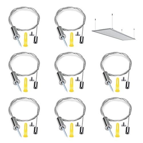 UTMACH 8 Pcs 1,5mm*1m Seilaufhangung Einbauset Stahlseil Hangende Aufhangung Drahtseil Aufhangung Decke Einstellbare Seilabhangung Lampenaufhangung fur LED Panel Deckenleuchte Lampe Befestigungs von UTMACH