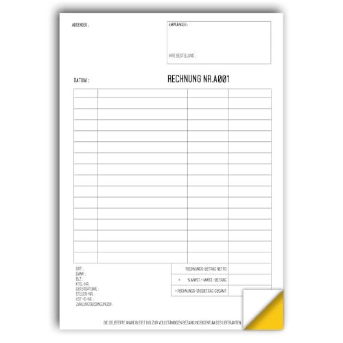 Personalisierter Rechnungsblock, selbstdurchschreibend mit gelbem Durchschlag, Netto- und Bruttobetrag, MwSt. – weiß/gelb, 50 Blatt X 3 von UTTSCHEID