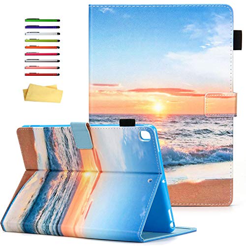 UUcover-Schutzhülle für Apple iPad 25,7 cm (10,2 Zoll) 7. Generation 2019 mit Stylus Stifthalter, Kartenfächer, Smart Stand PU Leder Magnetische Folio Flip [Auto Sleep/Wake] Weiche TPU Rückschale Blau 02# Strand Sonnenaufgang von UUCOVERS