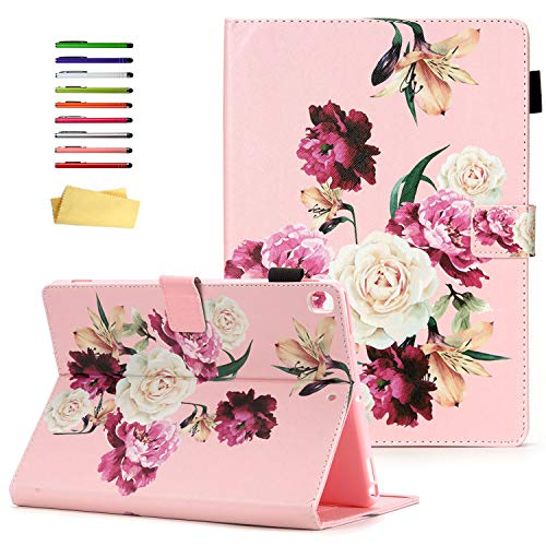 UUcover-Schutzhülle für Apple iPad 25,7 cm (10,2 Zoll) 7. Generation 2019 mit Stylus Stifthalter, Kartenfächer, Smart Stand PU Leder Magnetische Folio Flip [Auto Sleep/Wake] Weiche TPU Rückschale Pink 01# Rosa Rose Blume von UUCOVERS