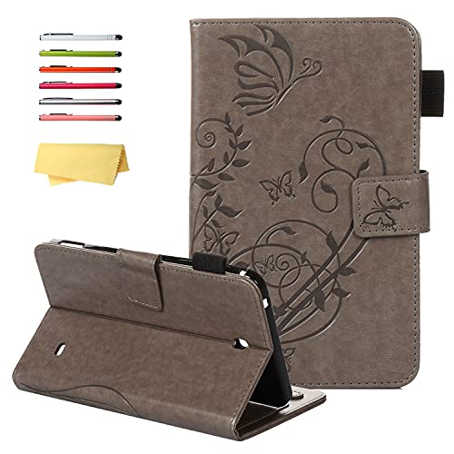 UUcovers Schutzhülle für Samsung Galaxy Tab 4 7.0 (SM-T230 T231 T235) & 7 Zoll Nook 2014 Cover SM-T230NU mit Stifthalter, geprägte Blumen, PU-Leder, Folio-Ständer, graues Schmetterlings-Blätter. von UUCOVERS