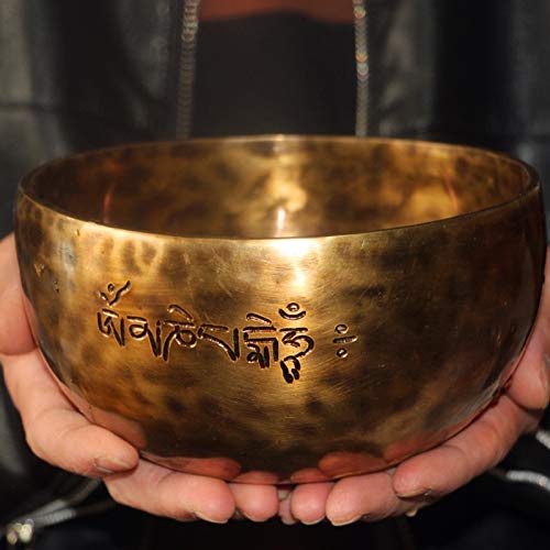 UUK Professionelle OM Ton Klangschale Tibetische Set Full Moon Meditation Yoga Rührschüssel mehrerer Metalle, Handmade in Nepal mit Drum Stick, Klangschalen-Kissen und Sturm, Ideal Souvenirs,18cm von UUK