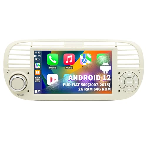 Autoradio für FIAT 500 2007 2008 2009 2010 2011 2012 2013 2014 2015, Android 12 System 2G+64G mit GPS Navi CarPlay Android Auto, 7 Zoll IPS Touchscreen WLAN Bluetooth FM Lenkradkontrolle von UUTouIoI