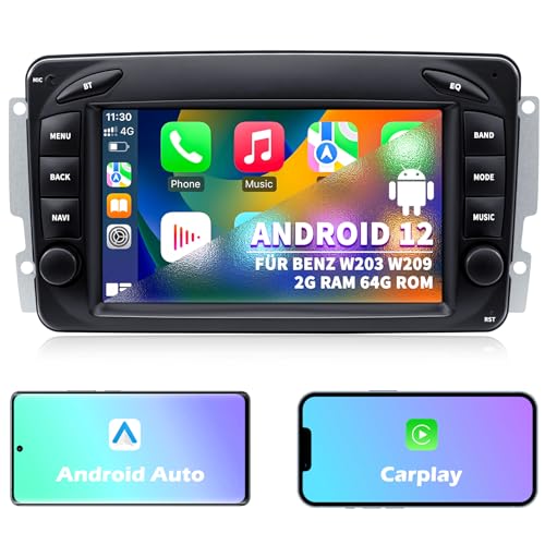 Autoradio für Mercedes Benz C-Klasse W203 G-Klasse W463 CLK W209, Android 12 2G+64G mit Carplay Android Auto, 7 Zoll IPS Touchscreen GPS Navi Bluetooth Mirror Link WiFi FM Radio von UUTouIoI