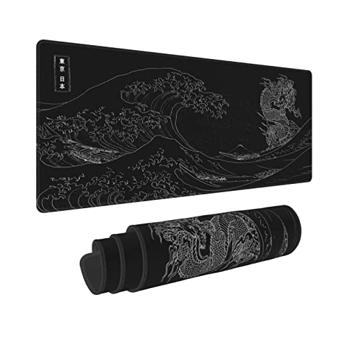 Gaming-Mauspad mit japanischem Wellen-Drachen-Motiv, Größe XL, verlängertes großes Mauspad, große Schreibtischmatte mit genähten Kanten, rutschfeste Gummiunterseite, 80x29 cm, Schwarz und Weiß von UYEUGV