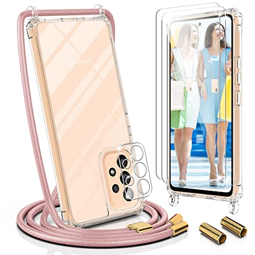 UYMO Handykette Hülle Kompatibel mit Samsung Galaxy A53 5G - mit 2 Stück Schutzfolie und kameraschutz Glas Stylische Necklace Schutzhülle mit Band Handyhülle zum Umhängen Kordel TPU Case,Roségold von UYMO