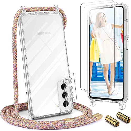 UYMO Handykette Hülle Kompatibel mit Samsung Galaxy S21 - mit 2 Stück Schutzfolie und kameraschutz Glas Stylische Necklace Schutzhülle mit Band Handyhülle zum Umhängen Kordel TPU Case,Regenbogen von UYMO
