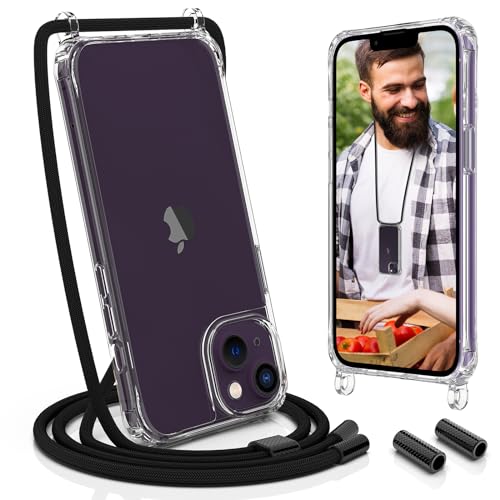 UYMO Handykette Hülle mit Band Für iPhone 14 6.1" - mit 2 Stück Schutzfolie & kameraschutz Glas, Necklace Transparent Handyhülle Case mit Schnur Abnehmbar,Schutzhülle zum Umhängen Kordel, Schwarz von UYMO