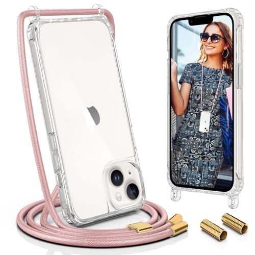 UYMO Handykette Hülle mit Band Für iPhone 14 6.1" - mit 2 Stück Schutzfolie & kameraschutz Glas, Necklace Transparent Handyhülle Case mit Schnur Abnehmbar,Schutzhülle zum Umhängen Kordel, Roségold von UYMO