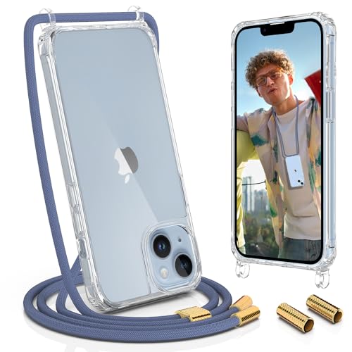 UYMO Handykette Hülle mit Band Für iPhone 14 6.1" - mit 2 Stück Schutzfolie & kameraschutz Glas, Necklace Transparent Handyhülle Case mit Schnur Abnehmbar,Schutzhülle zum Umhängen Kordel,blau von UYMO