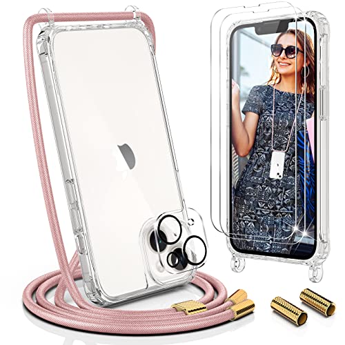 UYMO Handykette Hülle mit Band Für iPhone 14 Plus 6.7" - mit 2 Stück Schutzfolie & kameraschutz, Necklace Transparent Handyhülle Case mit Schnur Abnehmbar,Schutzhülle zum Umhängen Kordel, Roségold von UYMO