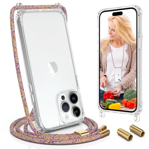 UYMO Handykette Hülle mit Band Für iPhone 14 Pro 6.1" - mit 2 Stück Schutzfolie & kameraschutz, Necklace Transparent Handyhülle Case mit Schnur Abnehmbar,Schutzhülle zum Umhängen Kordel, Regenbogen von UYMO