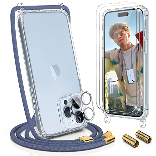 UYMO Handykette Hülle mit Band Für iPhone 14 Pro 6.1" - mit 2 Stück Schutzfolie & kameraschutz Glas, Necklace Transparent Handyhülle Case mit Schnur Abnehmbar,Schutzhülle zum Umhängen Kordel,blau von UYMO