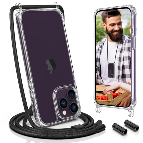 UYMO Handykette Hülle mit Band Für iPhone 14 Pro 6.1" - mit 2 Stück Schutzfolie & kameraschutz Glas, Necklace Transparent Handyhülle Case mit Schnur Abnehmbar,Schutzhülle zum Umhängen Kordel, Schwarz von UYMO