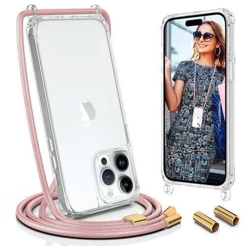 UYMO Handykette Hülle mit Band Für iPhone 14 Pro 6.1" - mit 2 Stück Schutzfolie & kameraschutz Glas, Necklace Transparent Handyhülle Case mit Schnur Abnehmbar,Schutzhülle zum Umhängen Kordel, Roségold von UYMO