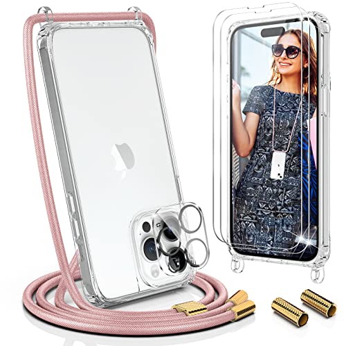 UYMO Handykette Hülle mit Band Für iPhone 14 Pro Max 6.7" - mit 2 Stück Schutzfolie & kameraschutz, Necklace Transparent Handyhülle Case mit Schnur Abnehmbar, Schutzhülle zum Umhängen Kordel, Roségold von UYMO