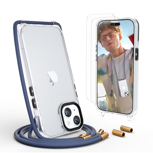 UYMO Handykette Hülle mit Band Für iPhone 15 Plus 6.7" -| mit 2 Stück Schutzfolie |, Necklace Transparent Handyhülle Case mit Strap Schnur Abnehmbar, Schutzhülle zum Umhängen Kordel, Blau von UYMO