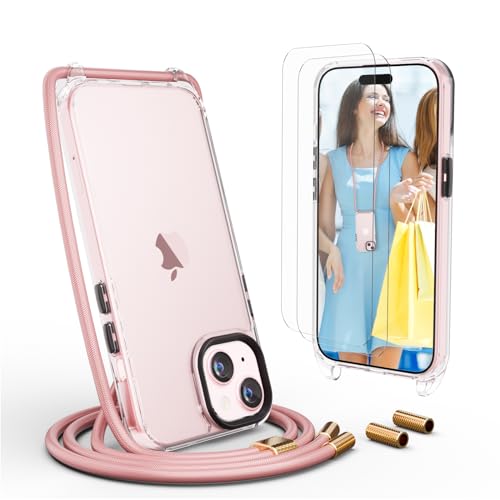 UYMO Handykette Hülle mit Band Für iPhone 15 Plus 6.7" -| mit 2 Stück Schutzfolie |, Necklace Transparent Handyhülle Case mit Strap Schnur Abnehmbar, Schutzhülle zum Umhängen Kordel, Roségold von UYMO