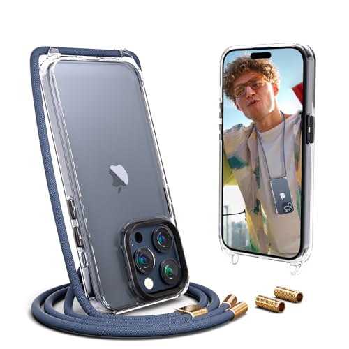 UYMO Handykette Hülle mit Band Für iPhone 15 Pro 6.1" -Necklace Transparent Handyhülle Case mit Strap Schnur Abnehmbar, Schutzhülle zum Umhängen Kordel, Blau von UYMO