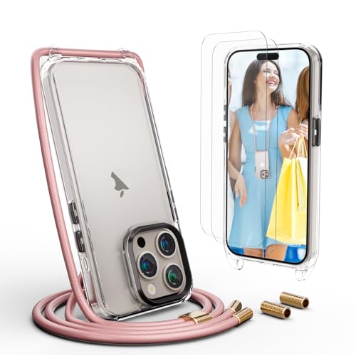 UYMO Handykette Hülle mit Band Für iPhone 15 Pro 6.1" -| mit 2 Stück Schutzfolie |, Necklace Transparent Handyhülle Case mit Strap Schnur Abnehmbar, Schutzhülle zum Umhängen Kordel, Roségold von UYMO