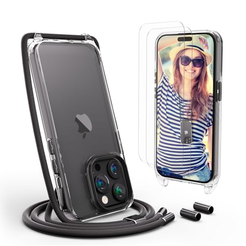 UYMO Handykette Hülle mit Band Für iPhone 15 Pro 6.1" -| mit 2 Stück Schutzfolie |, Necklace Transparent Handyhülle Case mit Strap Schnur Abnehmbar, Schutzhülle zum Umhängen Kordel, Schwarz von UYMO